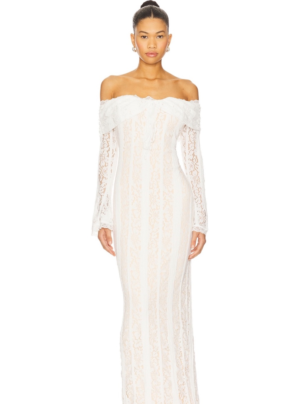REVOLVE White Off-Shoulder Lace Column Gown